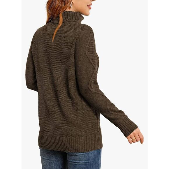 HWOKEFEIYU Women's Turtleneck Cable Knit Long Sleeve Pullover Sweater Dark Khaki - Picture 2 of 9